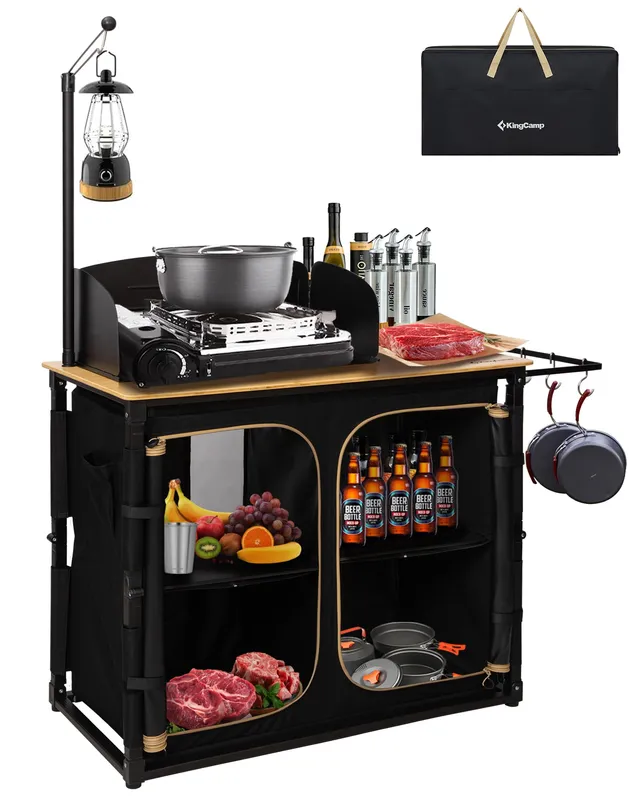 kingcamp-bamboo-camping-kitchen-table-with-lantern-stand-all-in-one-outdoor-cook image 1