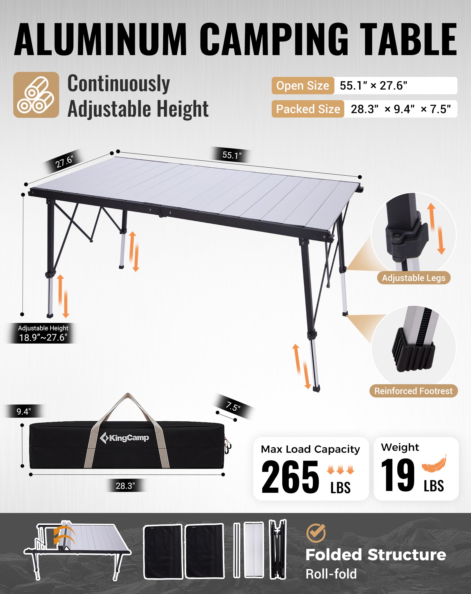 kingcamp-granite-adjustable-aluminum-camping-table-55x27-premium-foldable-dining image 6