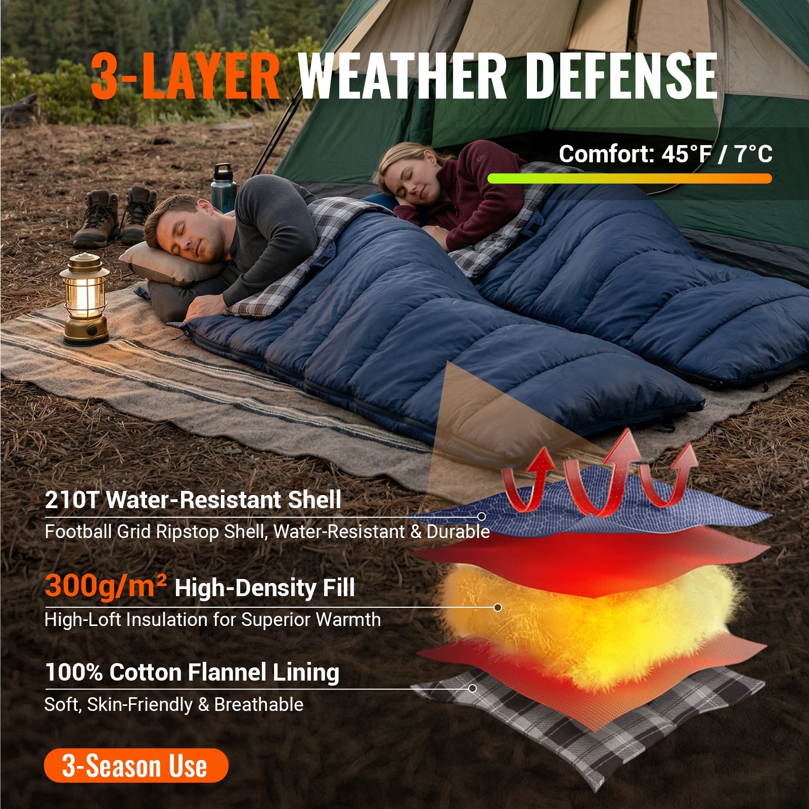 kingcamp-snowflake-300-flannel-double-sleeping-bag-extra-wide-2-person image 2