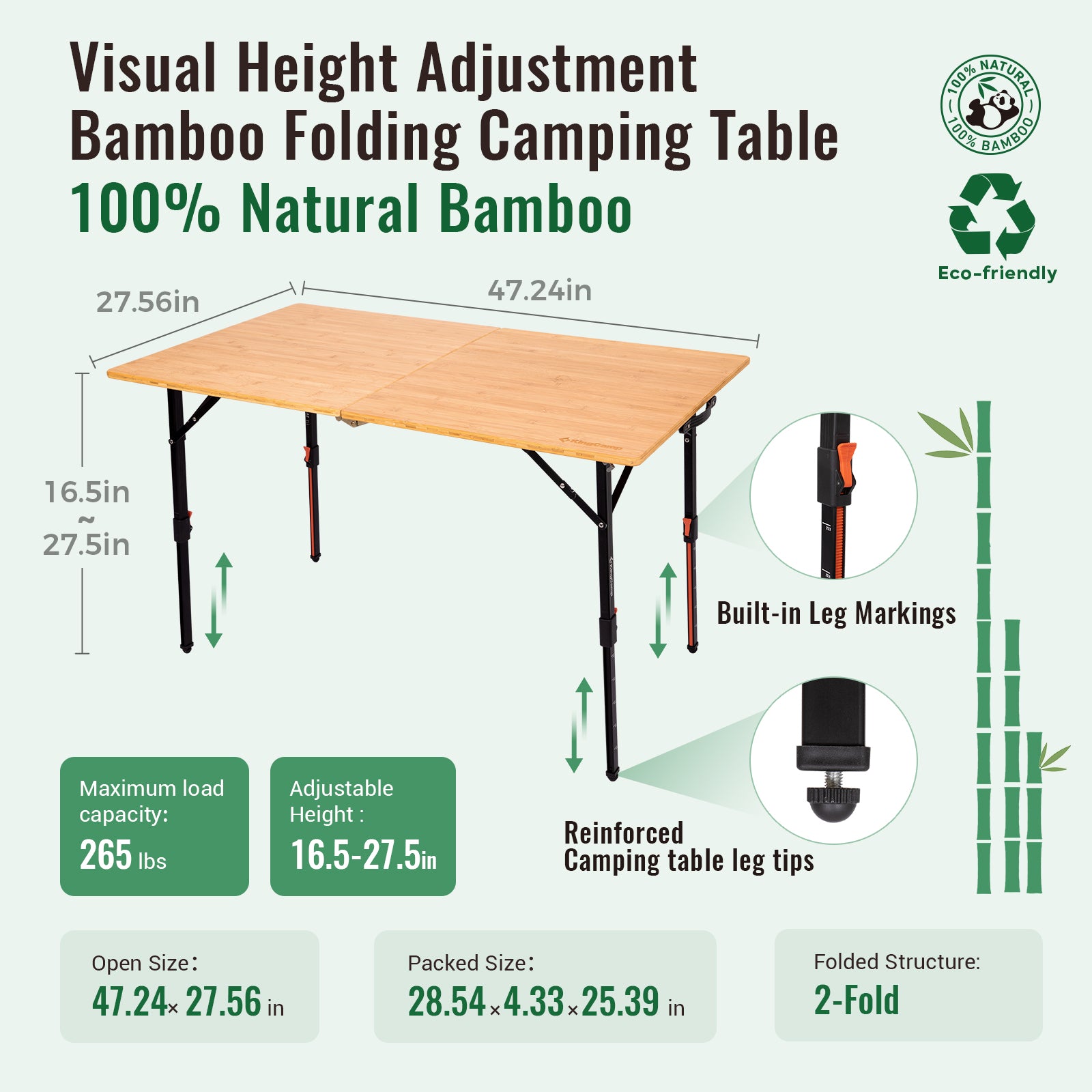 kingcamp-bamaura-12070-bamboo-folding-table-stepless-height-adjustable-47x27-out image 3