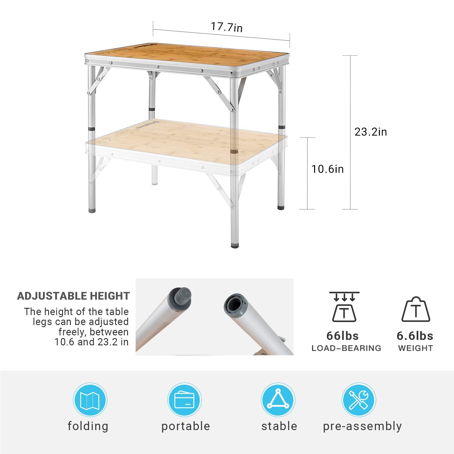 kingcamp-adjustable-bamboo-picnic-camping-table-with-aluminum-frame image 7