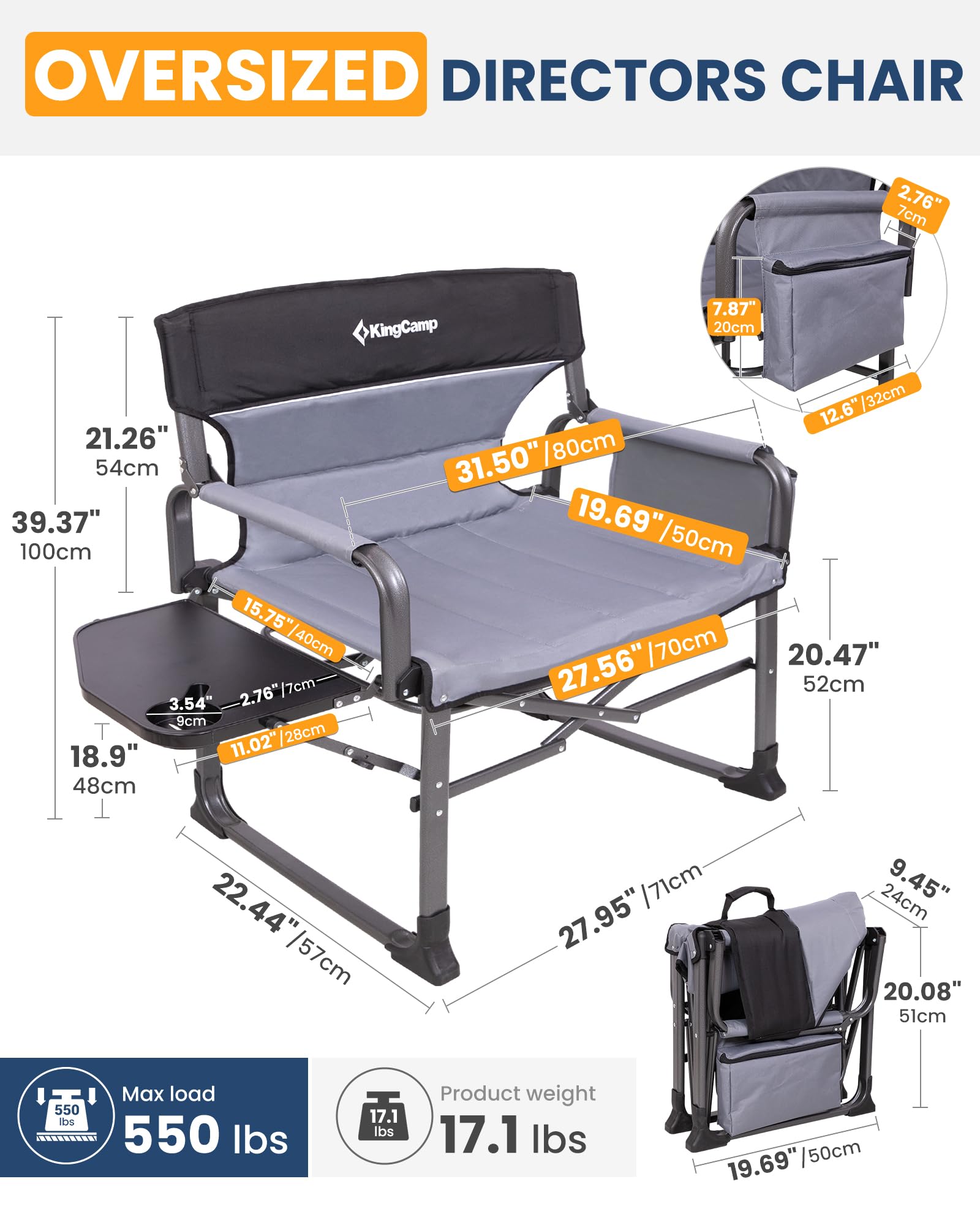 kingcamp-xxl-folding-padded-director-s-chair-with-side-table-550-lbs-capacity image 2