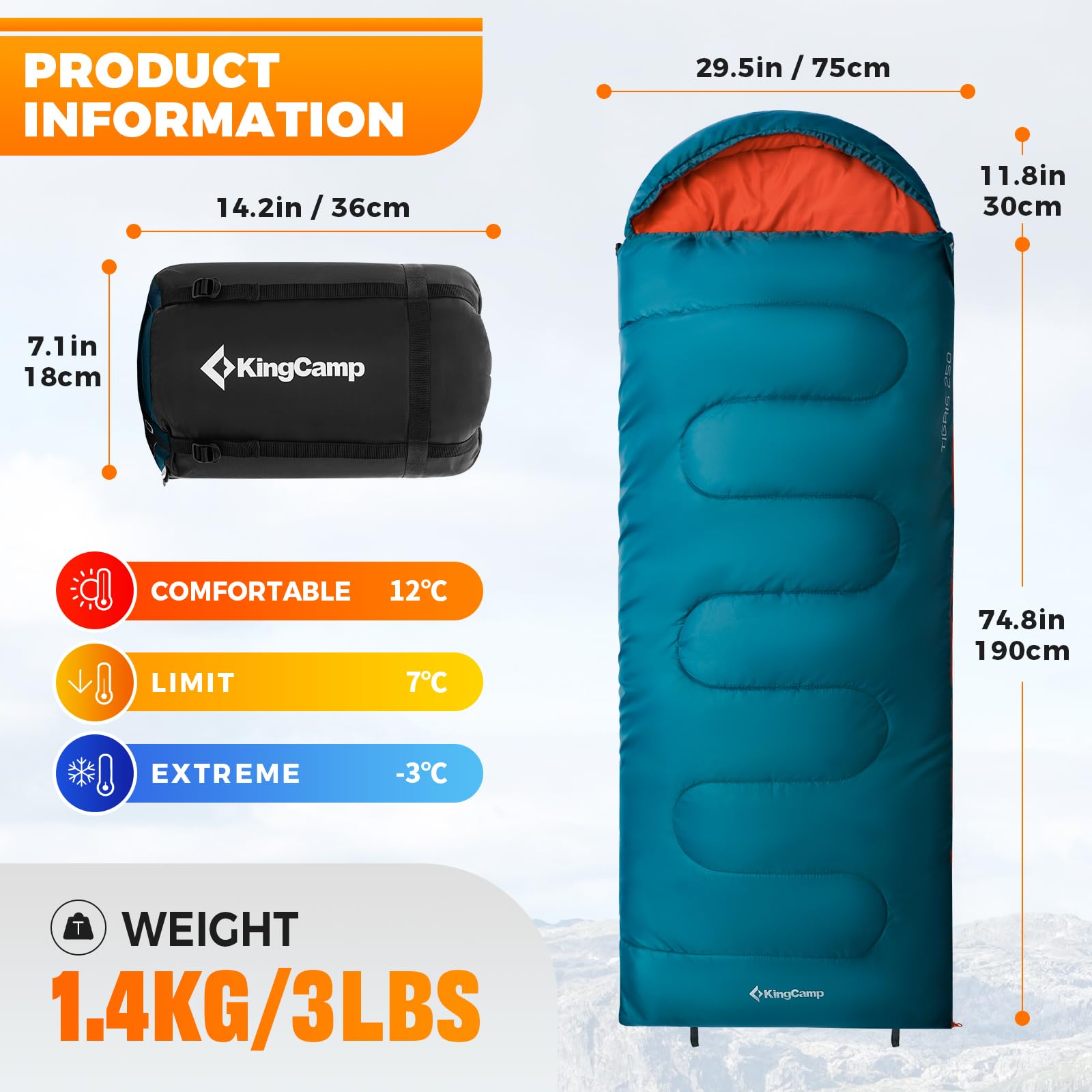 kingcamp-tigris-250-sleeping-bag-envelope-with-hood image 3