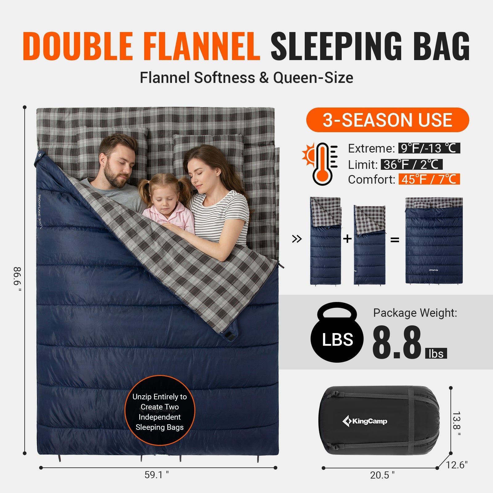 kingcamp-snowflake-300-flannel-double-sleeping-bag-extra-wide-2-person image 8