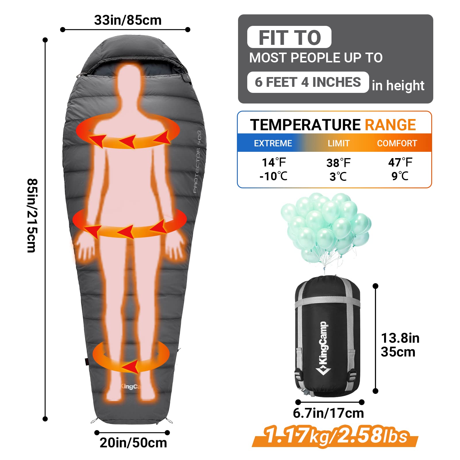 kingcamp-protector-400-down-mummy-sleeping-bag-3-season-lightweight-2-6-lbs image 2