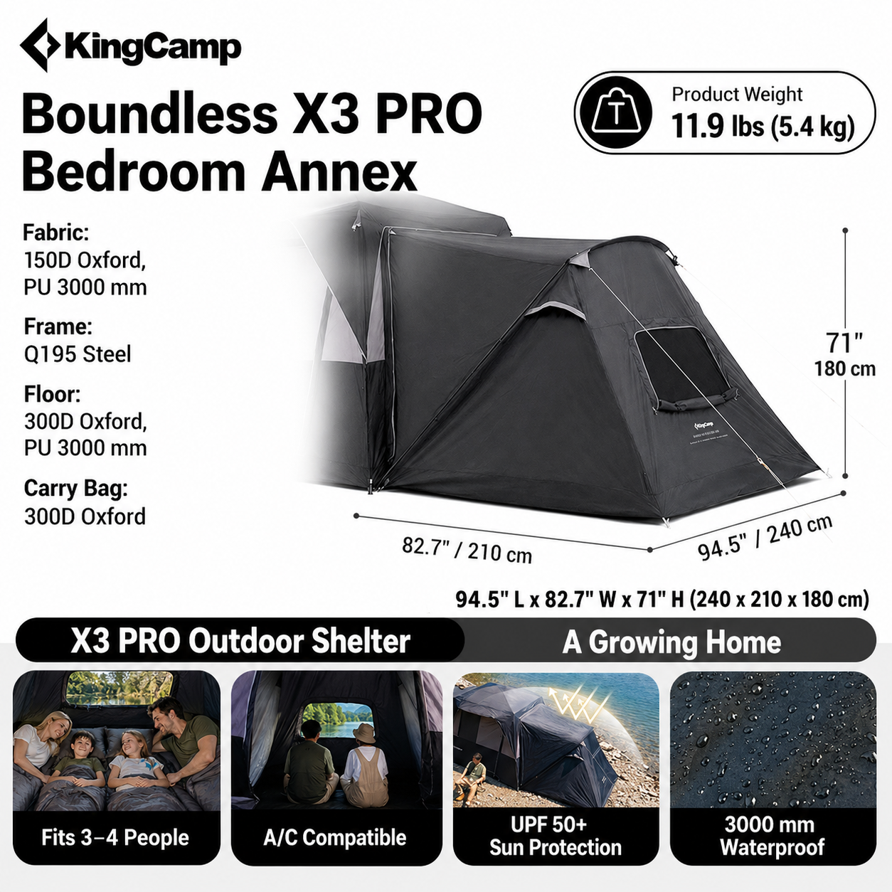 kingcamp-boundless-x3-pro-bedroom-module-zipper-connect-4-person-tent-expansion image 4