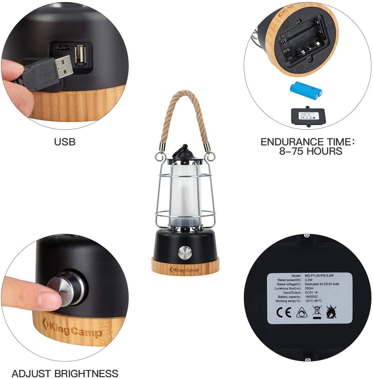 kingcamp-adjustable-brightness-rechargeable-lantern-vintage-style-led-usb-port image 3