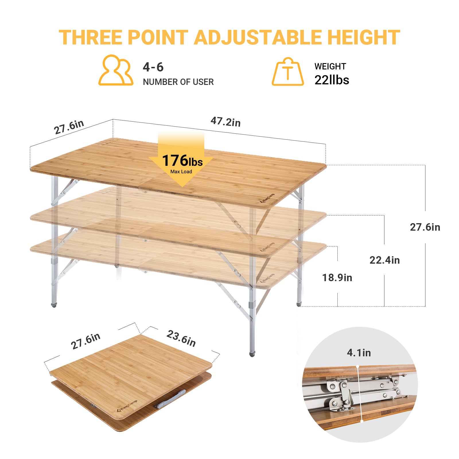 kingcamp-2-fold-6-person-bamboo-folding-table-47x27-adjustable-height-camping-pi image 3